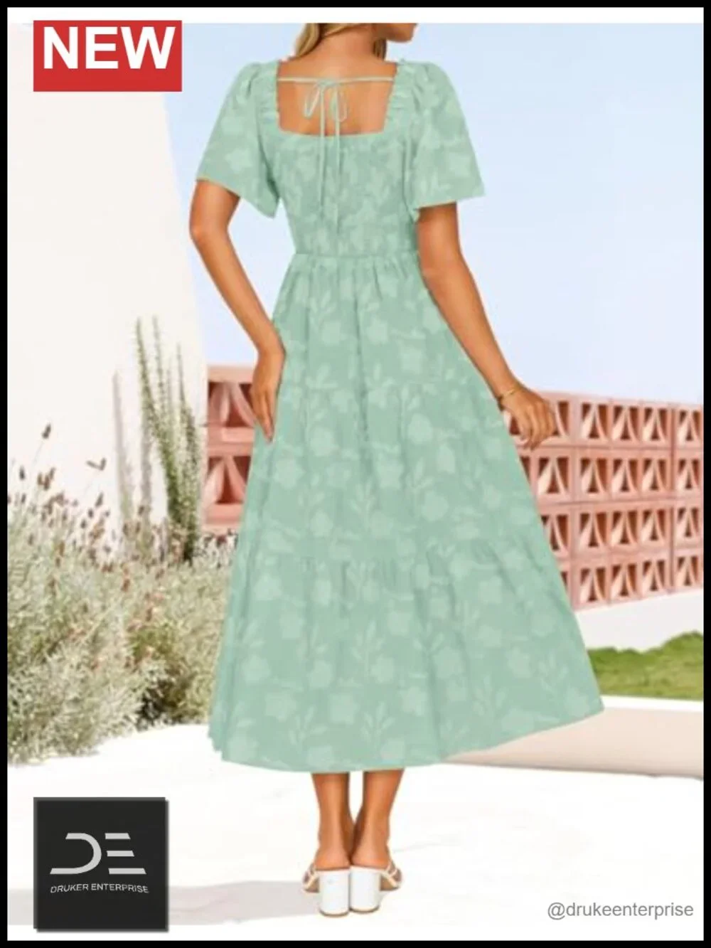 Boho Floral Midi Dress with Square Neck, Short Sleeve, Flowy Silhouette